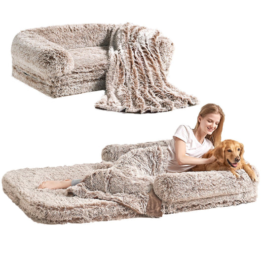 EHEYCIGA Foldable Human Dog Bed, 72"x44"x11" Orthopedic Memory Foam Human Sized Dog Bed, Waterproof Pet Bed for People, Faux Fur Pet Couch for Adult with Non-Slip Bottom, Faded Brown