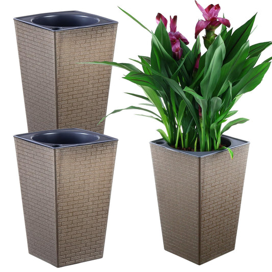 Self Watering Pots for Indoor Plants, 2 Pack Flower Pots Self Watering Planter 10.7" x 6.9" Plastic Pots African Violet Wick and Grow Pots Tall Orchid pots Square Large Plant Pots, Bronze