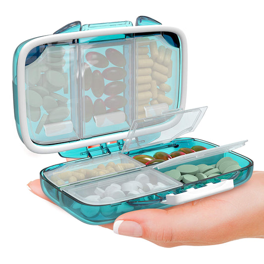 Travel Pill Organizer – Compact Medicine Kit for Purse, Portable Pharmacy Pill Box with Labels, Moisture-Proof Vitamin & Supplement Holder with 7 Secure Compartments for Home & Travel