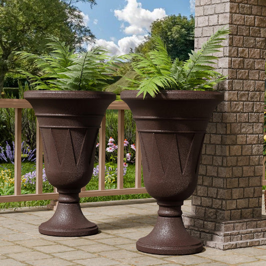 Trygoal 23.6" Tall Plastic Urn Planters for Outdoor Plants, Set of 2 Heavy-Duty Classic Indoor Large Flower Pots with Drainage Holes & Trophy Design, Outdoor Planters for Porch, Home Garden, Brown