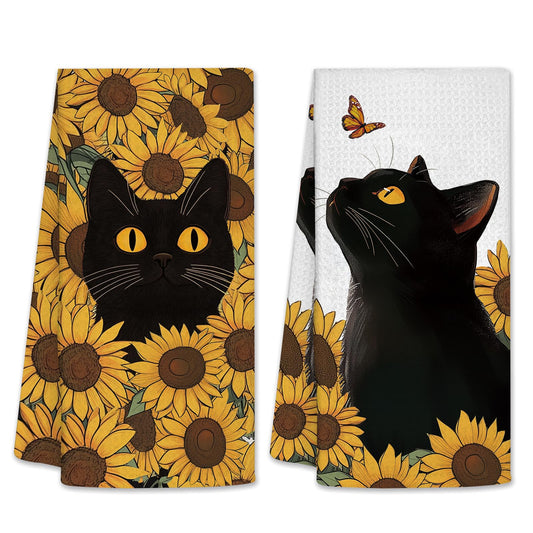 PIUFAM Black Cat Kitchen Towels, Cat Lover Gifts for Women, Floral Hand Towels for Bathroom, Decorations for Home Birthday Party, Waffle Dish Towels Gifts for Christmas Thanksgiving 26x17in, 2 Pack