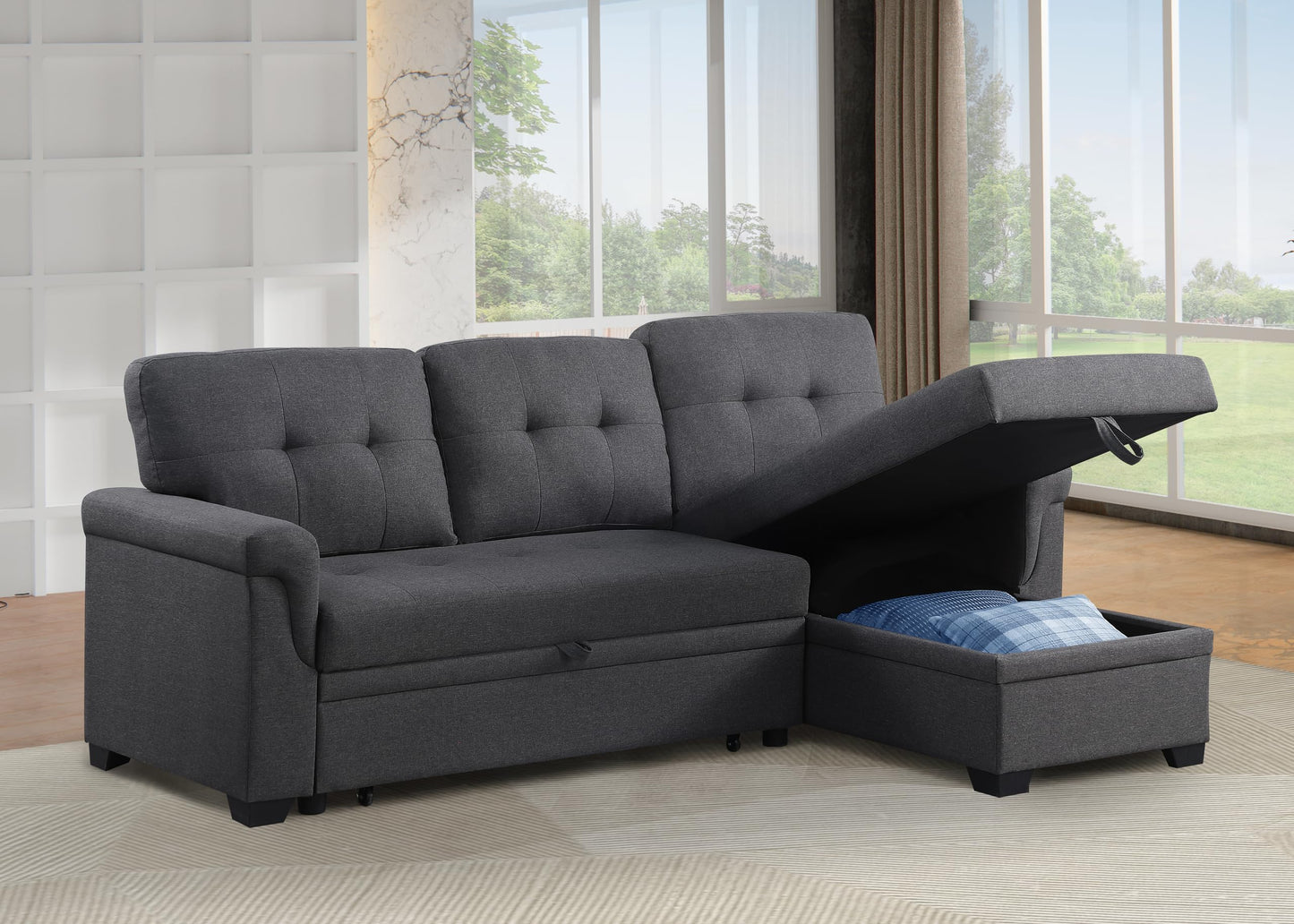 ERYE 83-inch Pull Out Sleeper Couch Bed, L-Shaped Reversible Sleeper Sectional Sofa Linen Blend Tufted Upholstered Corner Convertible Sofa Bed with Storage Chaise