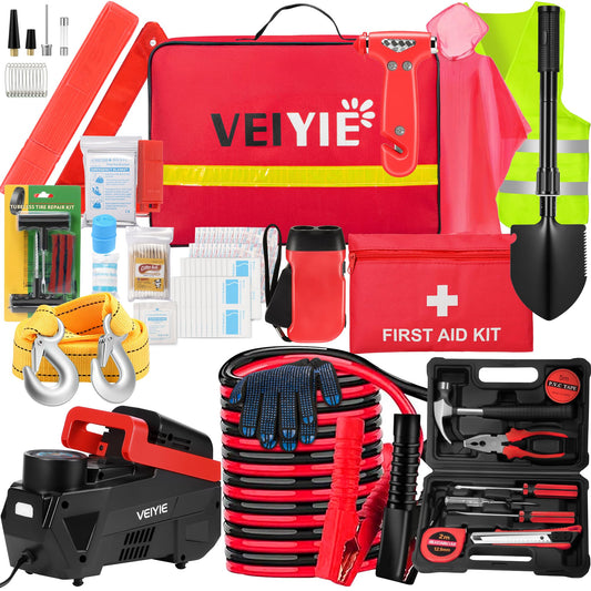 VEIYIE Roadside car Emergency kit, 12PCS Emergency Car Kits for Vehicles with Jumper Cables, Portable Air Compressor, Tow Strap, Survival kit, Emergency Supplies for Women,Man, New Driver Gifts