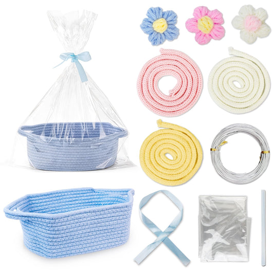 Woven Rope Gift Basket With Gift Bag, Ribbon, Three Color Ropes and Flowers, DIY Craft Set For Personalized Name Easter Basket Gifts Pet Toy Storage, Nursery Organizing Shelf Decor 12"×8"×5" (Blue)