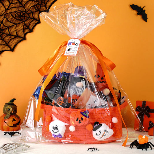 GlikCeil Halloween Empty Basket Set for Gifts with Bows Ribbons Treat Cute Orange Gift Baskets Clear Cellophane Bags Tags for Halloween Holiday Birthday Treat Party Supplies