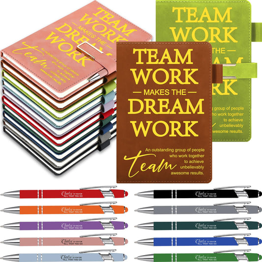 Chuangdi 20 Pcs/10 Sets Team Employee Appreciation Gift Bulk Teacher Nurse Week Gifts A5 Leather Inspirational Notebook and Metal Ballpoint Pen for Social Worker Secretary Coworker Staff(Multicolor)