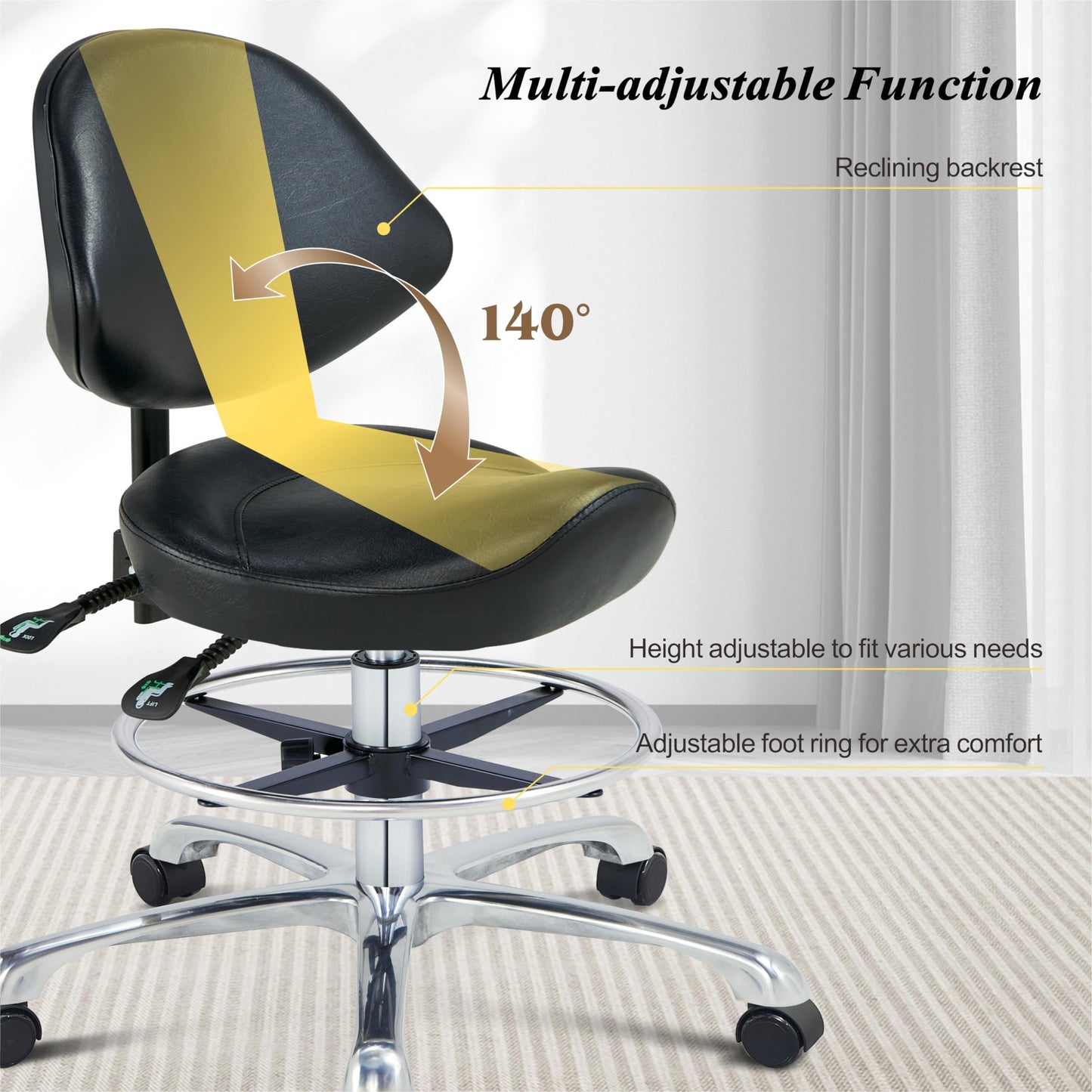Saddle Chair Rolling Saddle Stool with Back Support, Esthetician Chair Ergonomic Saddle Chair for Dental Hygienist, Medical, Salon (with Back, Black)