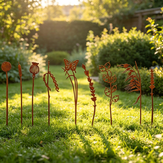 QeemTaco 9PCS Metal Garden Stakes Decorative Flower Plant Stakes, Rustic Iron Yard Art Plant Picks for Outdoor Indoor Planters, Succulent Pot Decor, Lawn Patio Garden Ornaments, Gift for Garden Lovers