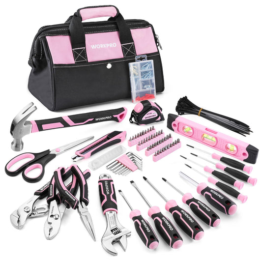 WORKPRO Pink Tool Set, 277 PCS Home Repairing Tool Kit, Pink Tool Bag with 13-Inch Wide Mouth Open Storage Bag, Portable Home Tool Kit Including Hammer, Screwdriver, and Household Tools - Pink Ribbon