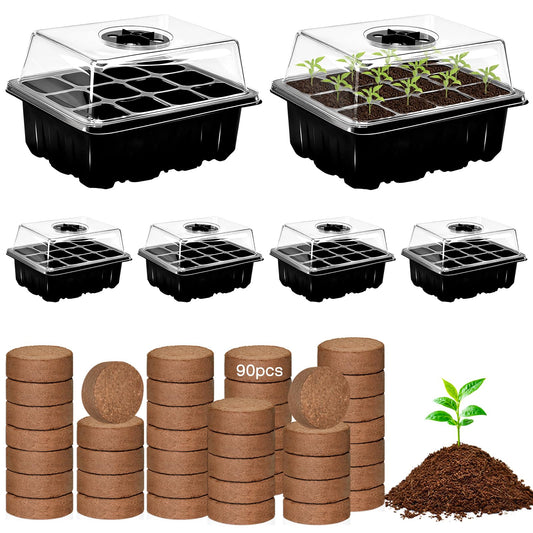 ZeeDix 6 Set Seed Starter Tray Kits, 6 Pack Seed Trays with 90 Pack Coco Coir Pellets, Adjustable Humidity Germination Tray with Dome Lids for Indoor Plants, Mini Greenhouse for Vegetables Garden