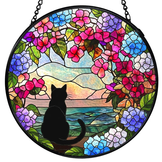 FUGWN Black Cat Hydrangea Flower Stained Glass Window Hanging, Black Cat Sun Catchers Indoor Window Round Glass Wall Art Decor, Cats Floral Suncatcher Wall Hanging Decorations, Lawn Care