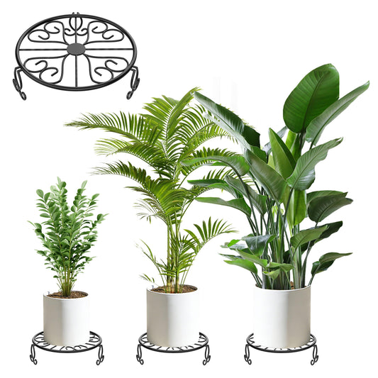 3-Pack Wrought Iron Plant Stands for Outdoor & Indoor Use, Heavy Duty Rustproof Metal Pot Stand Holder, Single Short Round Black Base for Patio Garden Porch Plants Flower Pots Planter Riser 8Inch