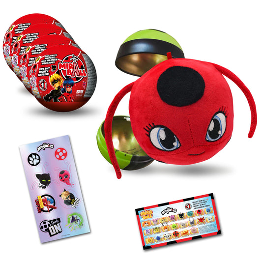 Miraculous Ladybug MiraBall, 3-in-1 Surprise, 4 Pack, Blind Box Toys for Kids - Collectable Characters from TV Shows - Metal Ball, Kwami Plush, Stickers, White Ribbon - Collect Them All