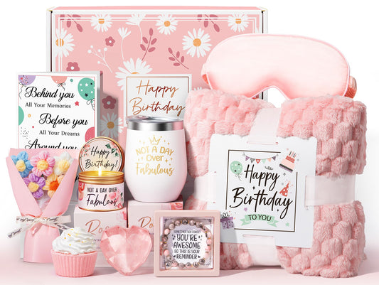 Birthday Gifts for Women Friendship, Unique Happy Birthday Gifts Basket for Mom Her Best Friend Sister Wife Girlfriend Coworker, Luxury Self Care Box Rose Relaxing Spa Gifts Set for Women with Blanket