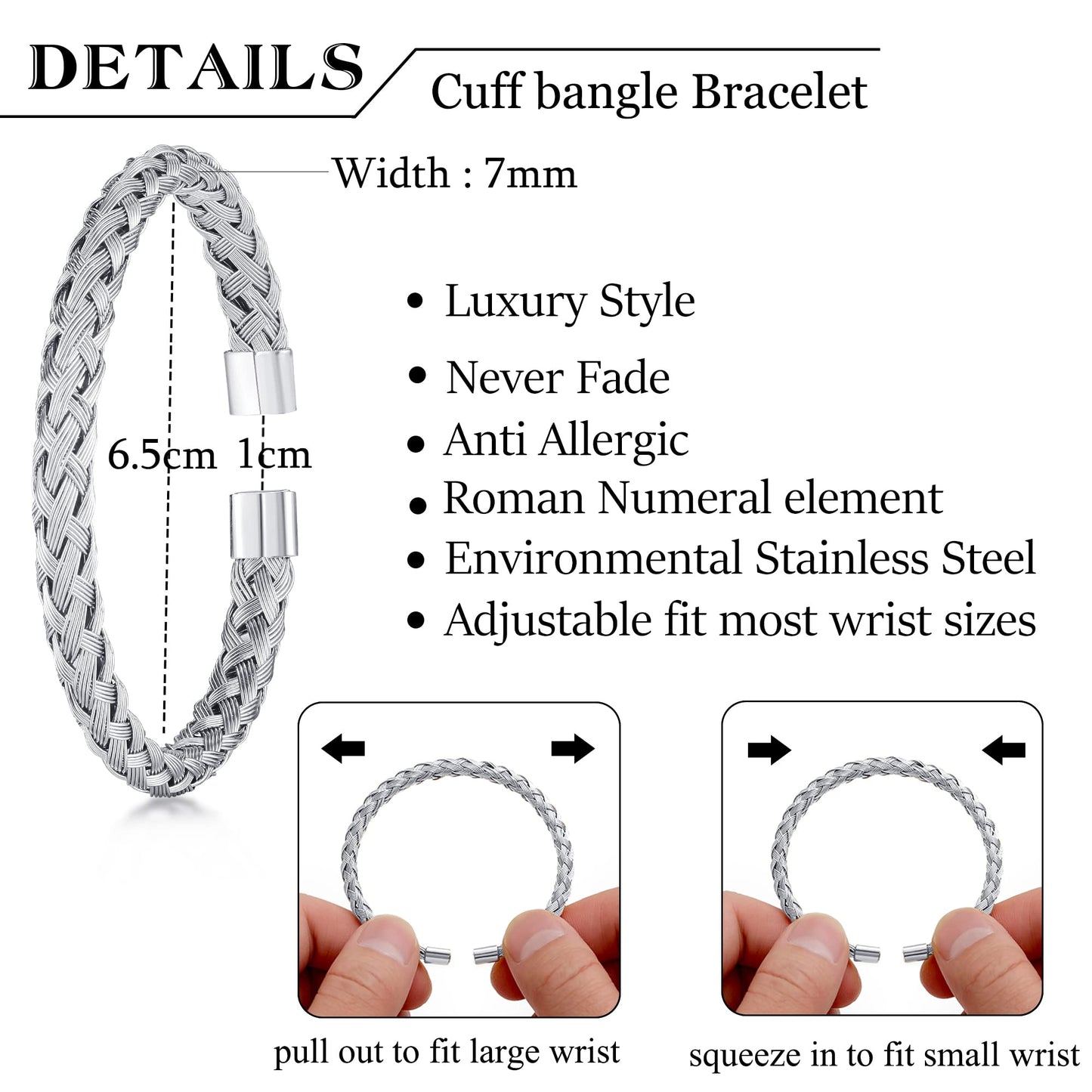 WFYOU 3PCS Stainless Steel Bracelets for Men Gold Roman Numeral Bangle Bracelet Twisted Cable Bracelet Adjustable Cuff Bracelet Mens Luxury Jewelry Bracelets Gifts(H:Gold&Silver)