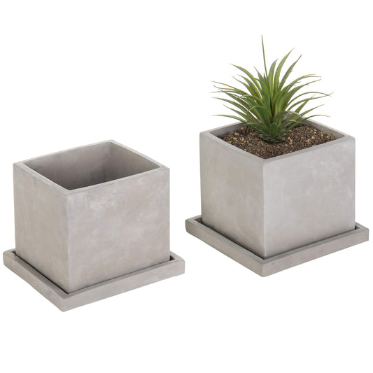 MyGift 5-Inch Square Light Gray Cement Plant Pot with Drainage, Small Flower Succulent Planters with Removable Saucer Trays, Set of 2