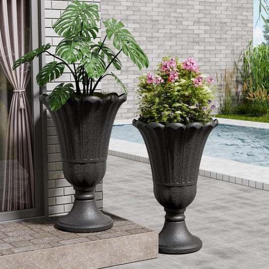 FONTOI 23" Tall Plastic Urn Planter (2-Pack) – Planters for Outdoor Plants with Drainage Holes & Petal Design, Heavy-Duty Classic Indoor Large Flower Pots for Home Garden, Front Porch & Decor, Black