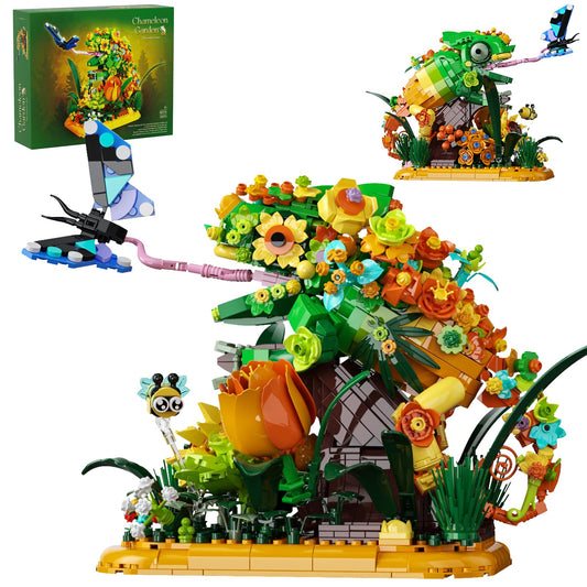 Chameleon Garden Bonsai Building Set, 1092PCS Nature Inspired MOC Flowers & Insects STEM Kit Compatible with Lego Animal, Stunning Desk Decor for Home/Office, Building Blocks for Kids Adults Aged 12+