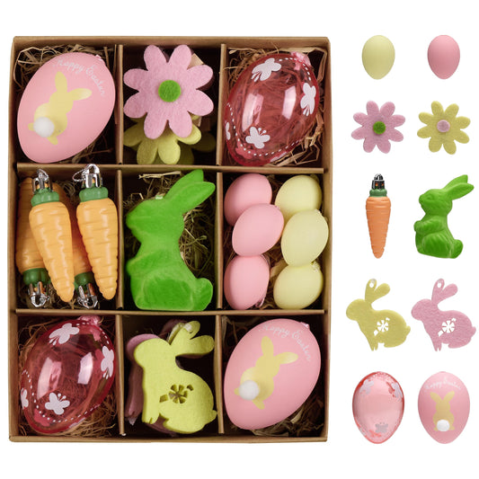 DecorbyHannah Easter Eggs Decorations, 24ct Small Easter Tree Ornaments for Basket, Shatterproof Colorful Pastel Spring Decor with Bunny Rabbit, Carrot and Flower for Home Party Outdoor Garden