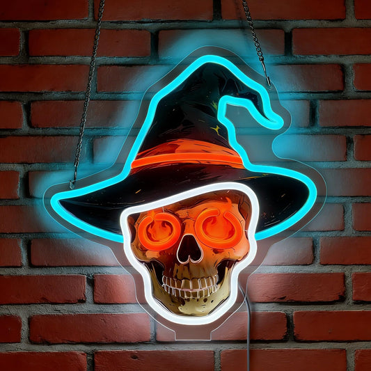 LED Halloween Skull Neon Sign Light Up Skull Wizard's Hat Lights Lighted Horror Neon Signs with Base for Bedroom Dorm Hallway Garage Man Cave Bar Gaming Room Wall Decor Desktop Counter Art or Gifts