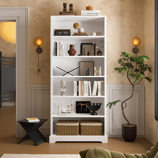 TVU 6-Tier Wooden Bookshelf, 77.2" Tall Farmhouse Style Open Bookcase, 31.5" W Standing Bookshelf with Storage, Suitable for Study, Living Room, Office, White