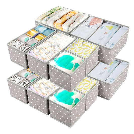 12 Pack Baby Clothes Organizer for Nursery Drawer - Foldable Fabric Dresser Dividers & Storage Bins for Diapers, Onesies, Accessories - Mydou Tidy Grey Heart Decorative Organizers