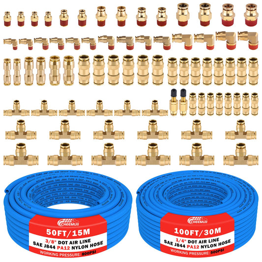 CheeMuii 76 PCS Brass DOT Air Line Fittings with 100FT 1/4" and 50FT 3/8" Blue DOT Air Lines Kit Push Lock Air Line Quick Connect Fittings with Pneumatic Tubing Set