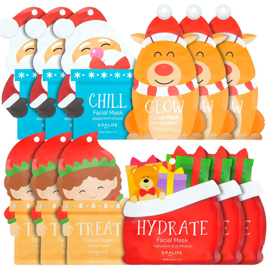 SpaLife Beauty Santa’s Squad 2025 Christmas Face Mask Bundle | Korean Facial Masks | Hydrating, Soothing, Complexion Enhancing and Firming Sheet Mask Set | Christmas Gifts for Women | 12 Pack