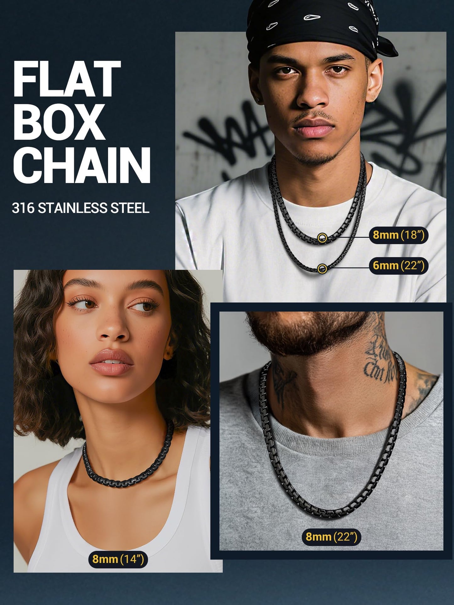 PROSTEEL Black Chain Stainless Steel Necklace Anti-Discoloration 8mm Chunky Flat Box Necklace for Mens Jewelry
