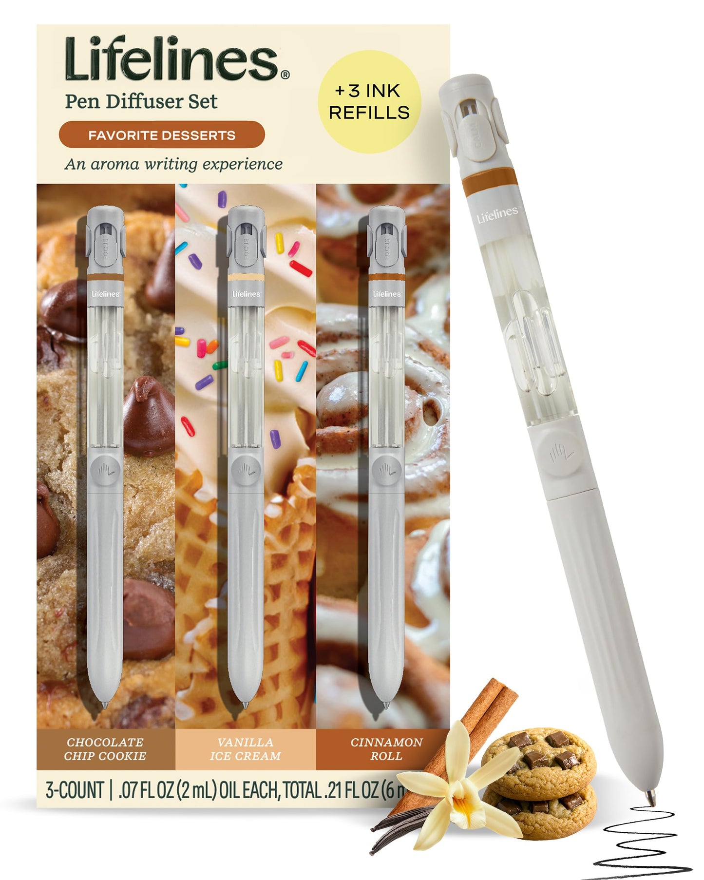Lifelines Pen Diffuser Set, Favorite Desserts 3-Pack - 1mm Black Ballpoint Pens with Scented Essential Oil Blends – Aromatherapy Diffuser & Sensory Immersion Diffuse Aroma As You Write