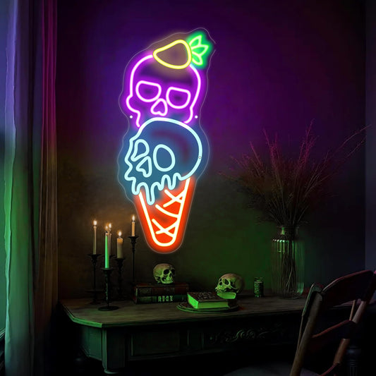 Ice Cream Skull Neon Sign, Quirky Gothic LED Wall Art,Skull Neon Light Ice Cream Neon Lighht Valentines Day Gifts Playful romance decor, Valentine's gift idea, Valentine's Day Gift for we