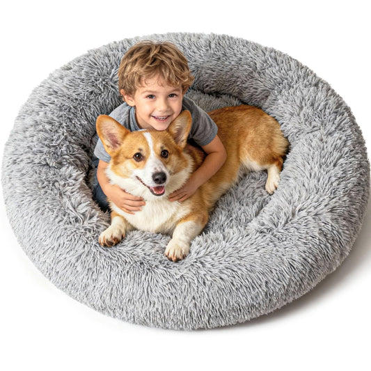 Extra Large Donut Calming Dog Bed with Orthopedic Memory Foam Dogs,42 Inch Pet Bed Cuddler Anti Anxiety with Comfort Cooling Gel,Removerable Waterproof Round Plush Cover Sofa for Machine Washable,Grey
