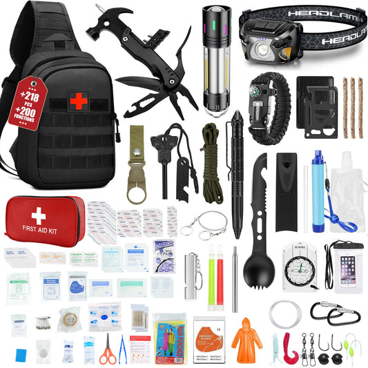 Gemmac 218pcs First Aid Kit Emergency Survival Kit, First Aid Bag with Compass Raincoat Emergency Blanket Torch Medical Kits, Survival Bag for Hunting Camping Essentials Hiking Gear Outdoor Adventure