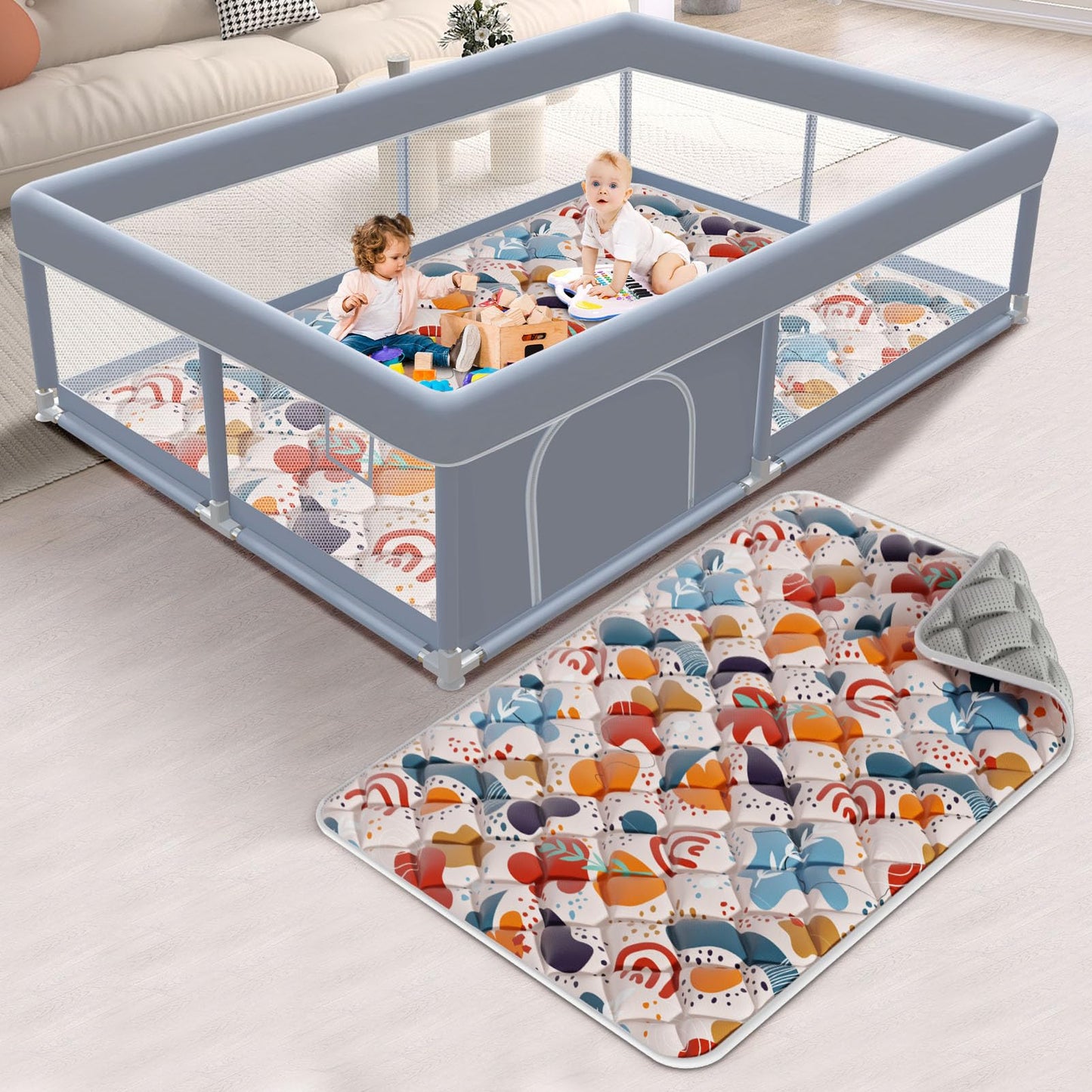 XVISHX 65 x 50 Inch Baby Playpen with Mat, Playpen for Babies and Toddlers, Baby Play Pen Playard for Indoor & Outdoor Active Center Game Fence, Skin-Friendly Fabric and Soft Breathable Mesh, Grey