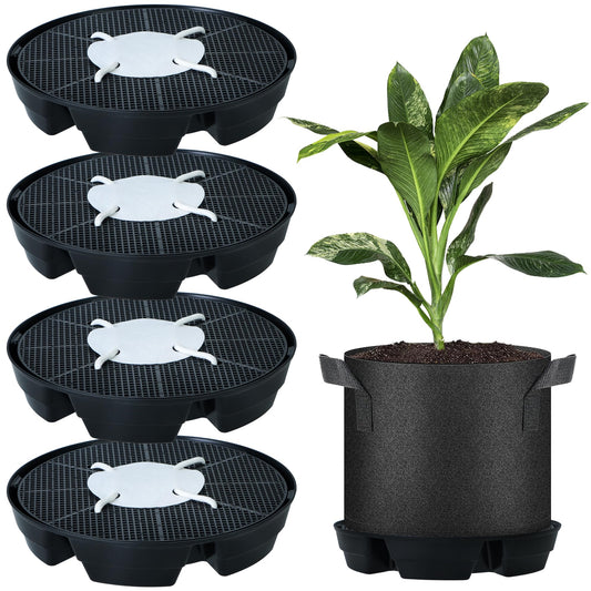 4 Pcs Self-Watering Fabric Pot Base, Auto-Irrigation System Plant Saucer for 5 Gallon Fabric Pots, Auto Watering Plant Water Tray Self Watering System for Indoor Greenhouses Grow Tents Gardens