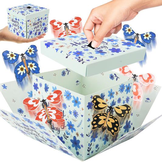 Flying Butterfly Explosion Gift Box with 6 Pcs Flying Butterflies, Surprise Birthday Gift Box with Butterfly， Surprise Cake Boxes for Birthday, Anniversary, Wedding,Graduation Special Occasions Blue