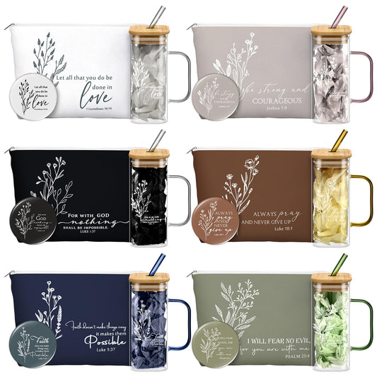 Fumete 6 Sets Christian Appreciation Gift for Women Bible Verse Flower Makeup Bag Gifts Religious Coffee Cup with Handle Bamboo Lid Straw Mini Compact Mirrors for Mothers Day Church Coworker