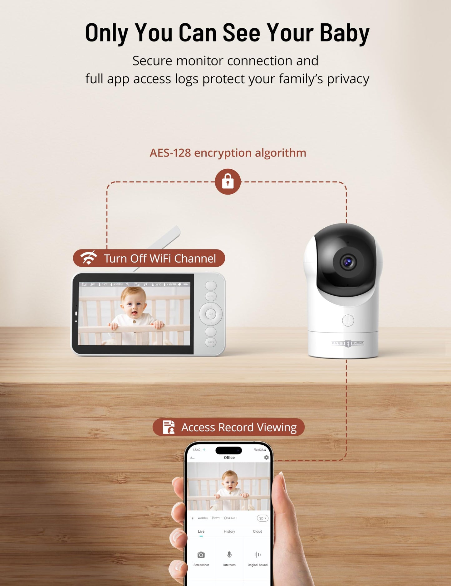 PARIS RHÔNE Video Baby Monitor, 2K UHD WiFi Camera, Night Vision, 5” Smart Baby Monitor with App Control, Motion and Cry Detection, AI Tracking, Three-Way Audio, RGB Night Light, Lullabies