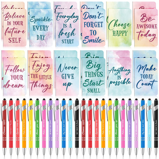 48 Pcs Watercolor Bulk Motivational Pens Inspirational Notepads Set, Pocket Motivational Quote Notebooks Ballpoint Pens, Mini Journals Gift Set for Kids Students Teachers School Office Prizes Supplies