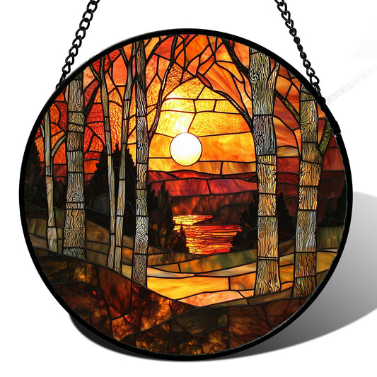 JOSUMALY Stained Glass Window Hanging, Orange Red Landscape Forest Lake Moon Suncatcher for Doors Window Home Sun Catchers Decor Mother's Day Birthday Gifts for Women Men Mom 7.8 in