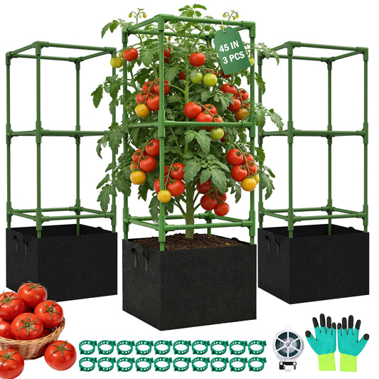 Uyittour 3 Pack Square Tomato Cages with Grow Bags, 45" Heavy Duty Square Tomato Trellis Plant Support for Raised Garden Bed Climbing Vegetables, Set with Garden Gloves, 20 Clips & 65FT Tie Wire