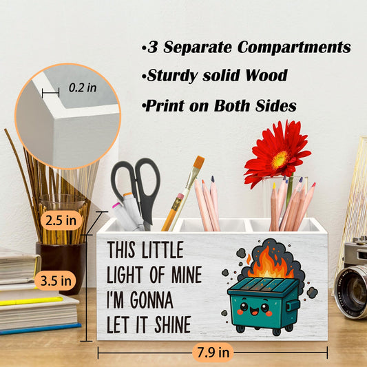 Beliran Dumpster Fire Pen Holder for Desk, Funny Dumpster Fire Gifts Pencil Organizer, Funny Gifts for Coworkers, I'm Gonna Let It Shine Wooden Pen Holder Desk Accessories Decor for Home Office