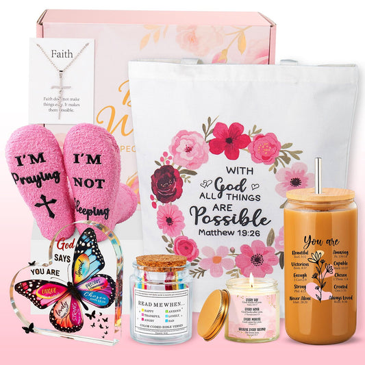 Christian Gifts For Women, Religious Gifts, Christian Mothers Day Gifts For Women Faith, Birthday & Inspirational Spiritual Gifts For Mom, Bestie, Bff, Sister With Tote Bag, Glass Cup, Bible Jar