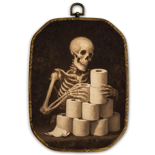 Yjeslw Funny Skeleton Bathroom Octagon Wall Art Decor, Gothic Skeleton Framed Canvas Prints, Moody Dark Academia Wall Hanging Decorations for Bathroom Washroom Restroom Toilet Decor, 10.2x7 Inches