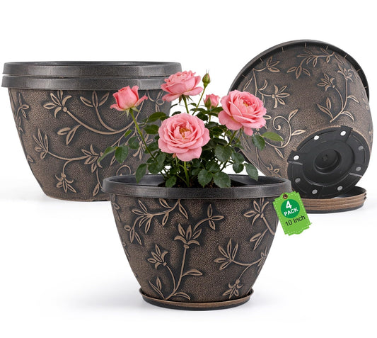 Nooulap 10 Inch Plant Pot with Drainage, Plastic Planter for Indoor Outdoor Plants, Medium Flower Pots for Patio, Balcony Garden Decor, Brown Vintage Flower Pattern