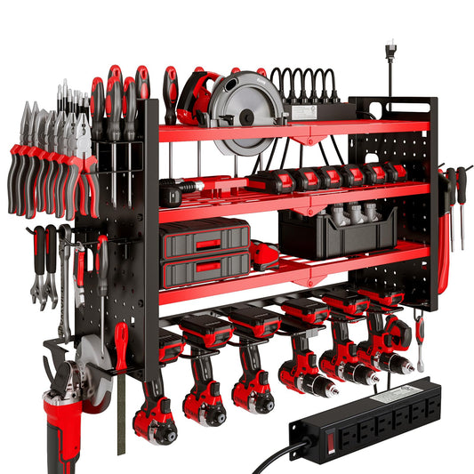 NattyDot Power Tool Organizer Wall Mount with Charging Station 4 Layer 6 Slot Cordless Drill Holder with Angle Grinder Holder (Red)