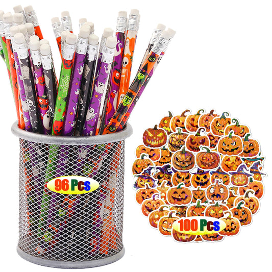 Halloween Pencils and Stickers Bulk Set – 96 Halloween Pencils with Erasers, 6 Spooky Designs + 100 Pumpkin Stickers – Trick or Treat Goodie Bag Fillers, Classroom Prizes, Party Favors Supplies