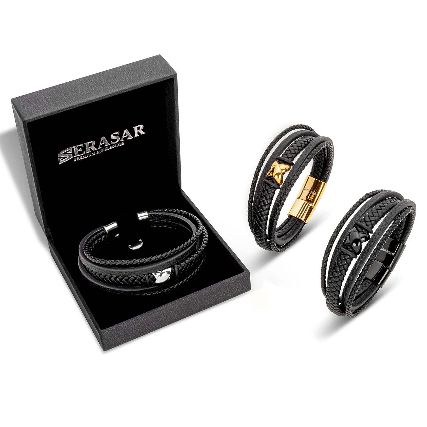 SERASAR Pulseras para hombre 23cm Oro, Caja de regalo, Piel vaca genuina trenzada, Cierre magnetico ajustable, Envoltura multicapa, Joyero, Cuerda hombre, Accesorios joyeria