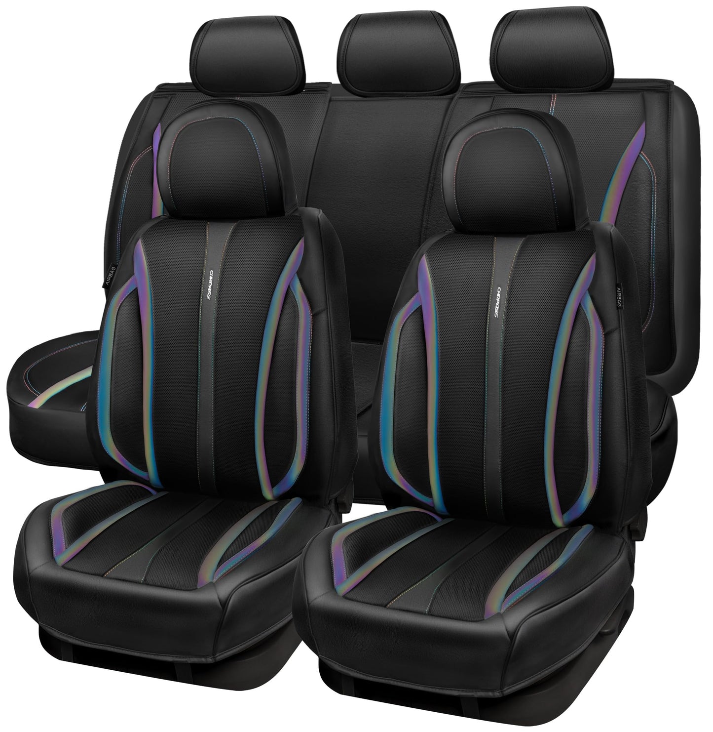 CAR PASS Nappa Leather Car Seat Covers, Durable Waterproof Luxury Universal for SUV Pick-up Truck Sedan, Anti-Slip Driver 5 Seats Covers Full Set with Backrest (Black Chameleon Iridescent Reflective)