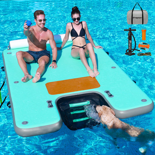 FBSPORT Inflatable Floating Dock with Boat Ramp,Non-Slip Air Dock Floating Platform with Mesh Lounger and Headrest,Inflatable Island Water Raft for Pool Lake Beach Ocean